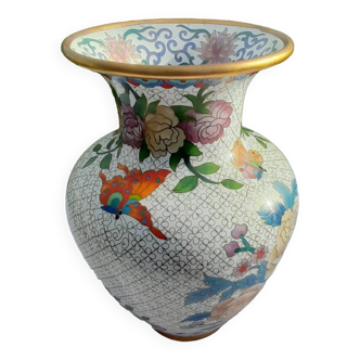 Vase en émail cloisonné signé motif fleurs H 26 cm