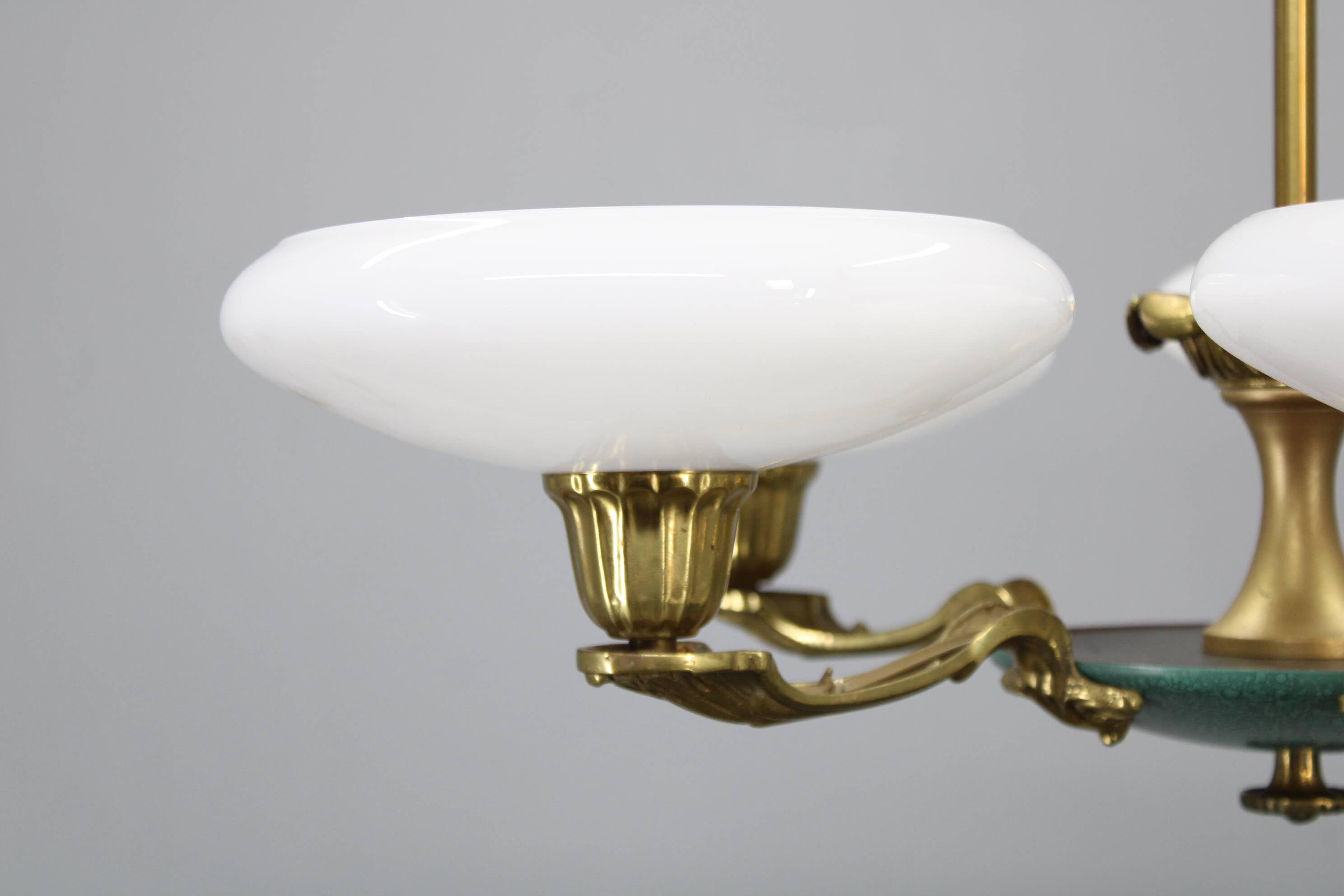 Art Deco six-light chandelier in chrome, brass and opaline glass