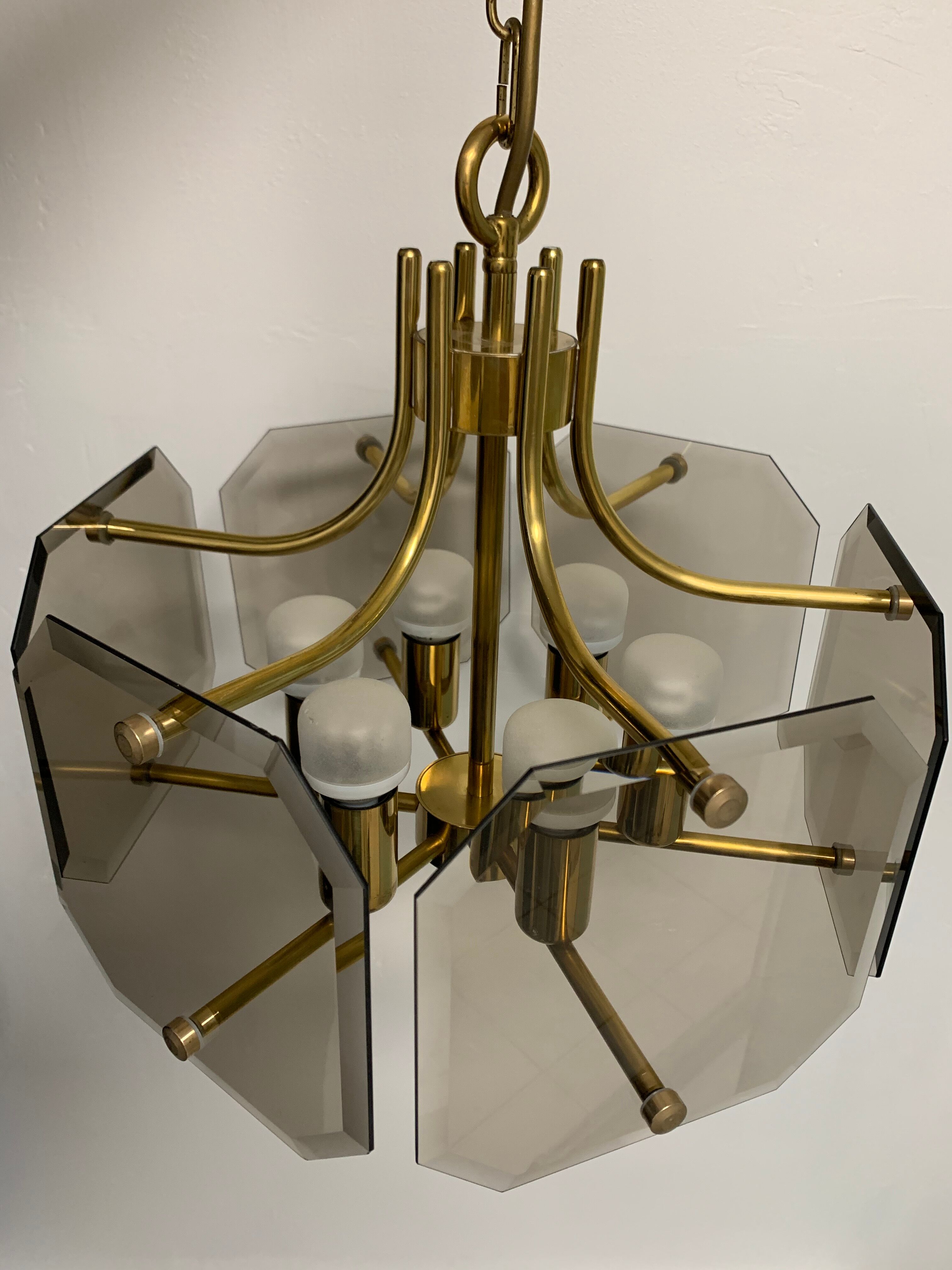 Luigi Colani chandelier Sische edition smoked glass and brass