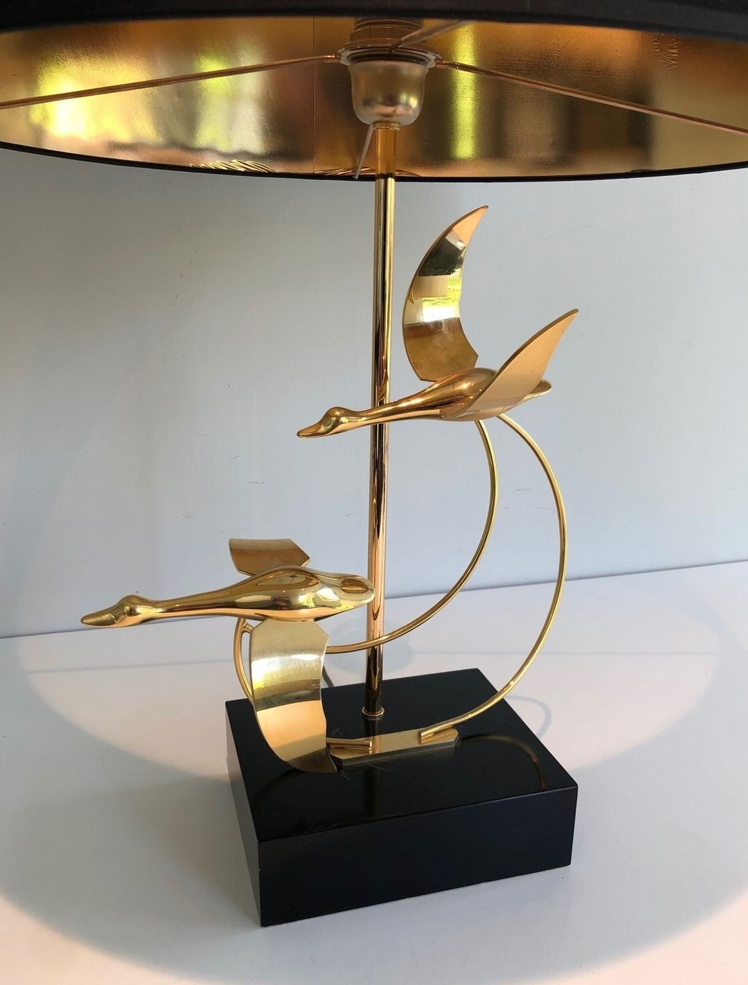 Brass Table Lamp with Wild Goose Flight, French Work, circa 1970