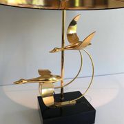 Brass Table Lamp with Wild Goose Flight, French Work, circa 1970