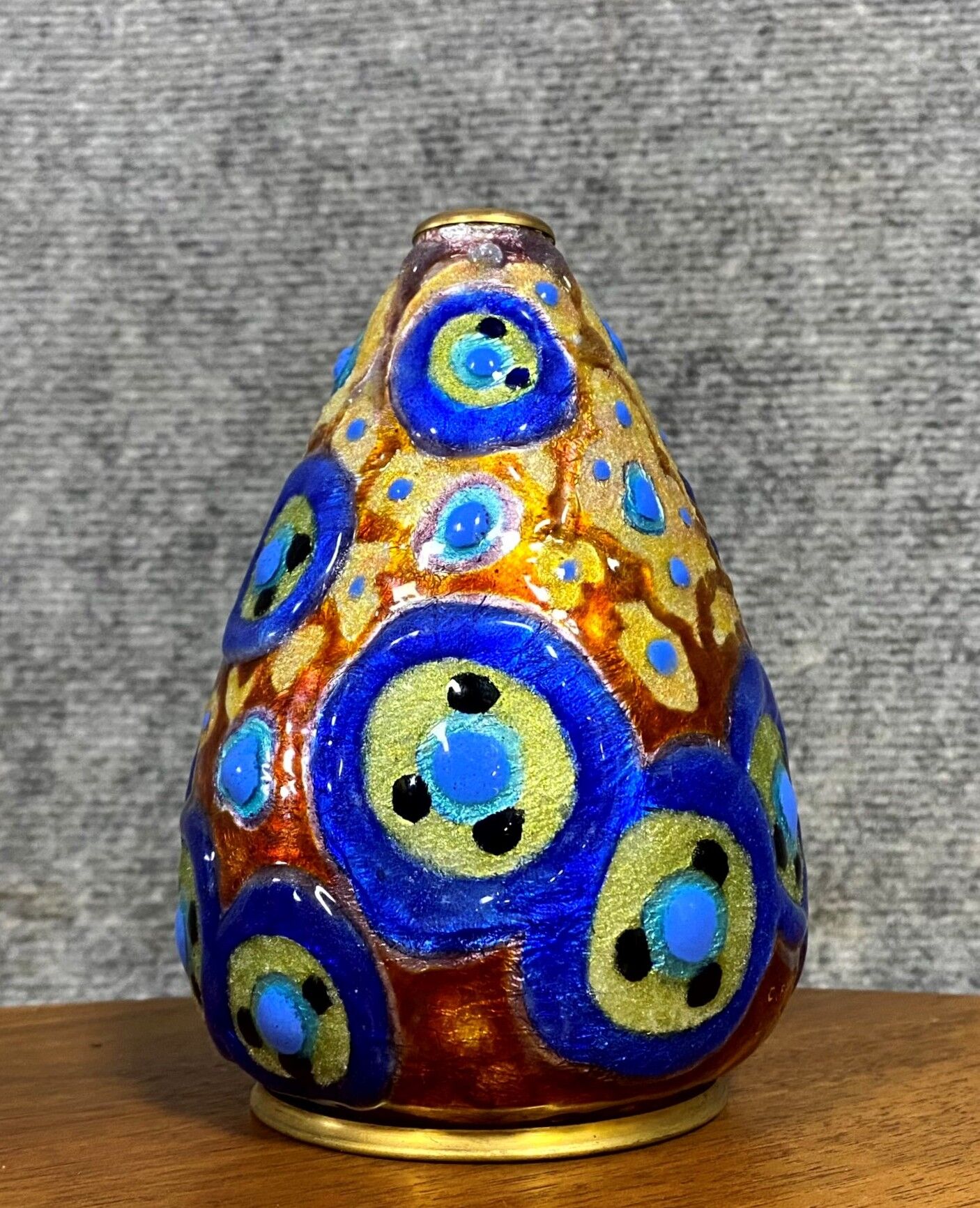 Camille Fauré: Oblong vase circled with brass at the neck and resting on a circular base