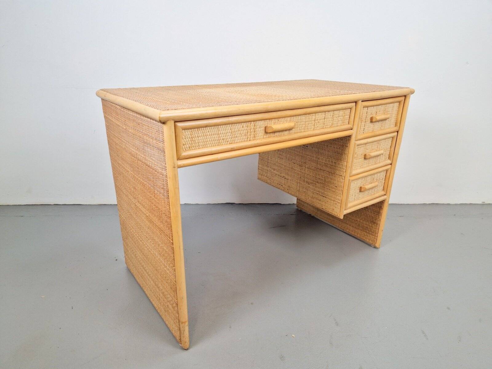 Vintage French Bamboo Rattan Desk with Drawers, 1970s