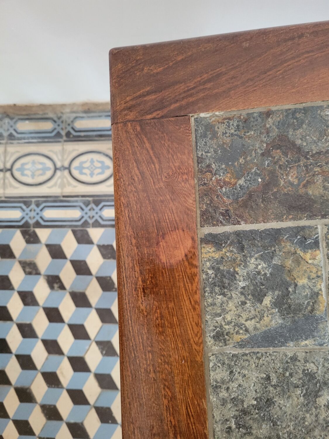 Brutalist coffee table wood and slate