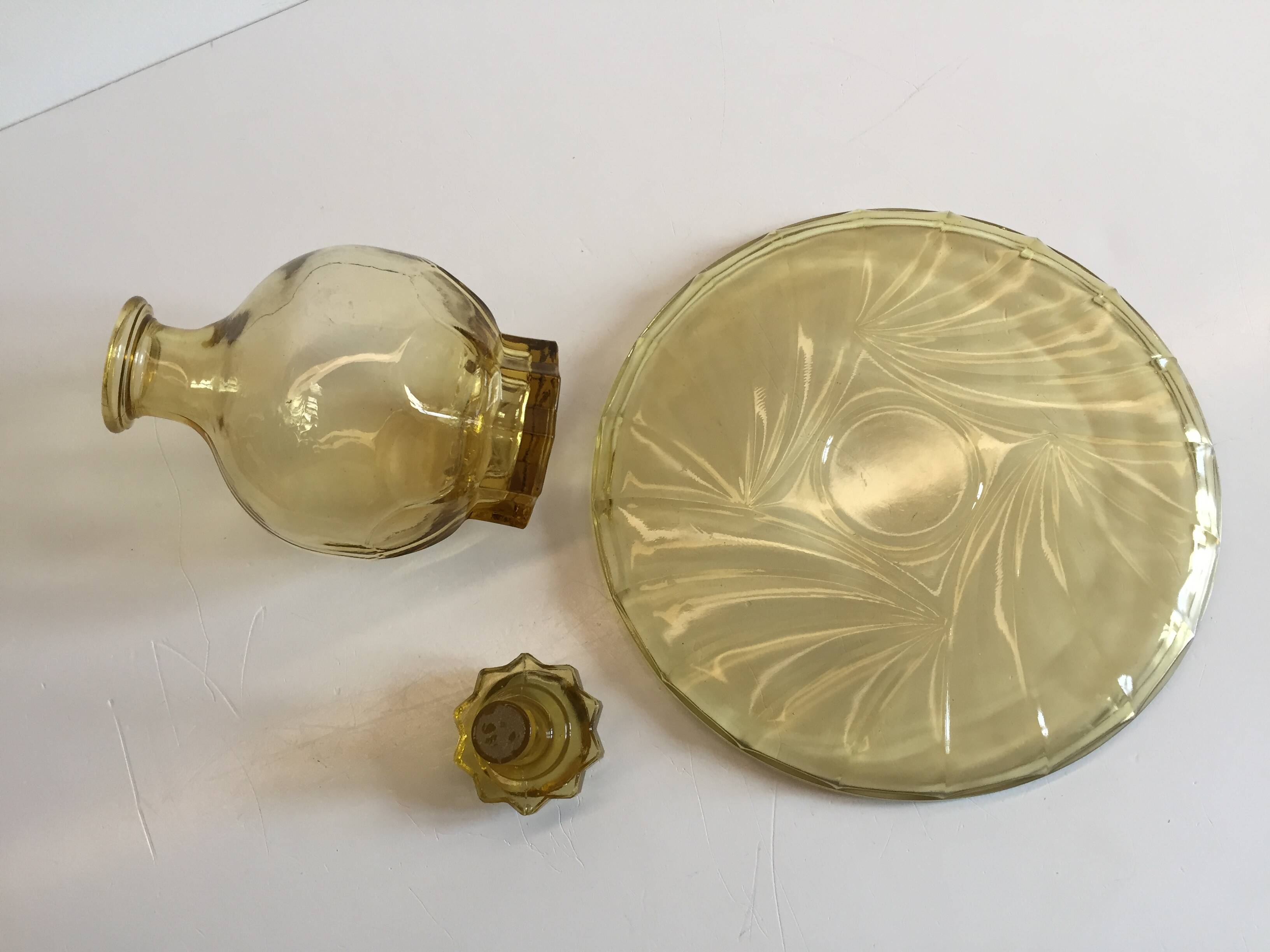 ART DECO Tray and Carafe Amber Yellow Glass