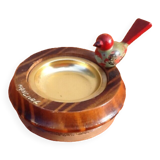 Cendrier à main, bois tourné, décor oiseau, années 1950