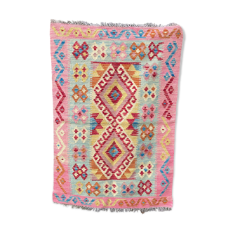 Pink Afghan Kilim Carpet Multicolored Patterns Bed Descent