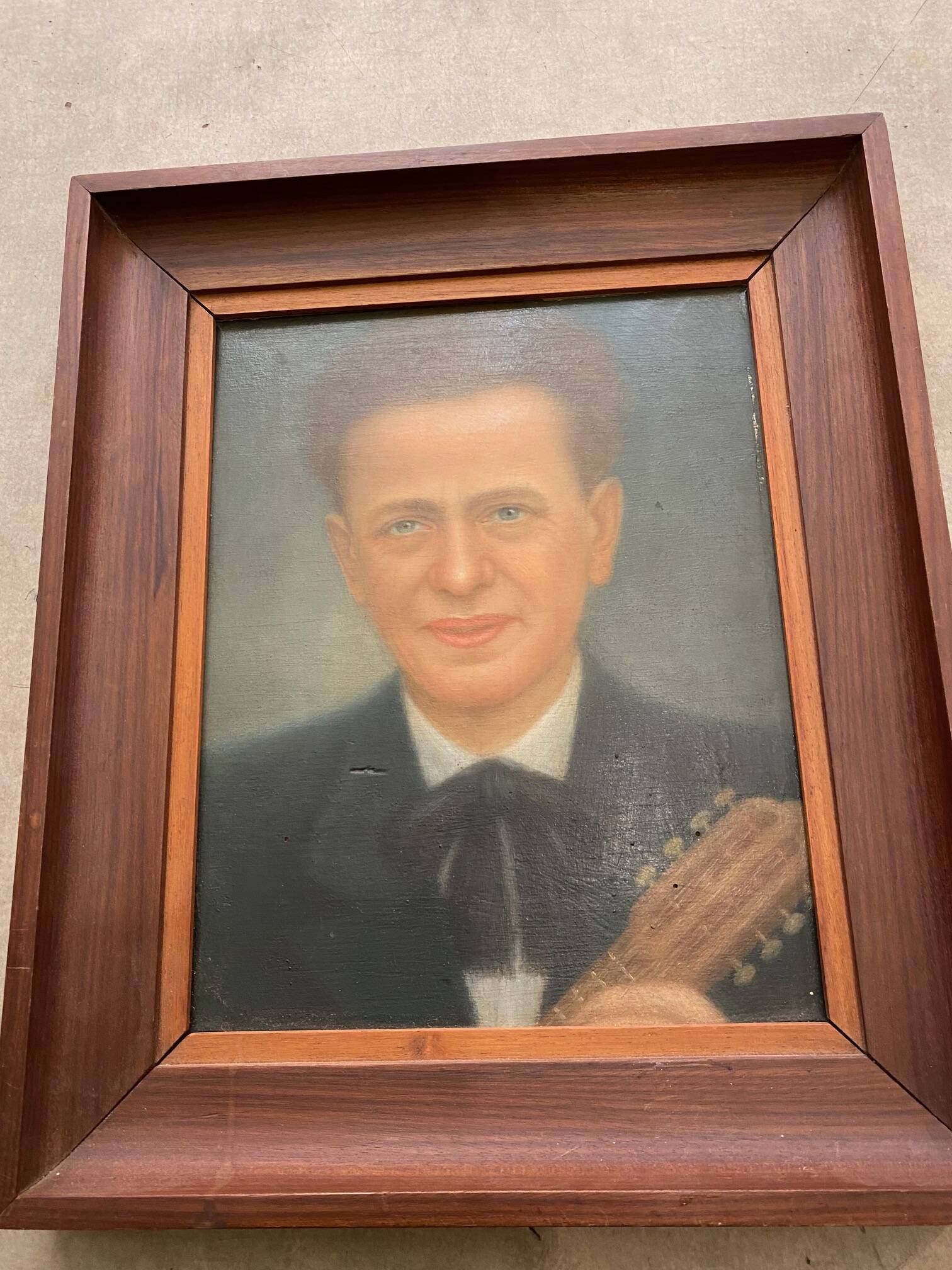PORTRAIT OF A MAN AND HIS GUITAR OIL PAINTING 1940S