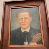PORTRAIT OF A MAN AND HIS GUITAR OIL PAINTING 1940S