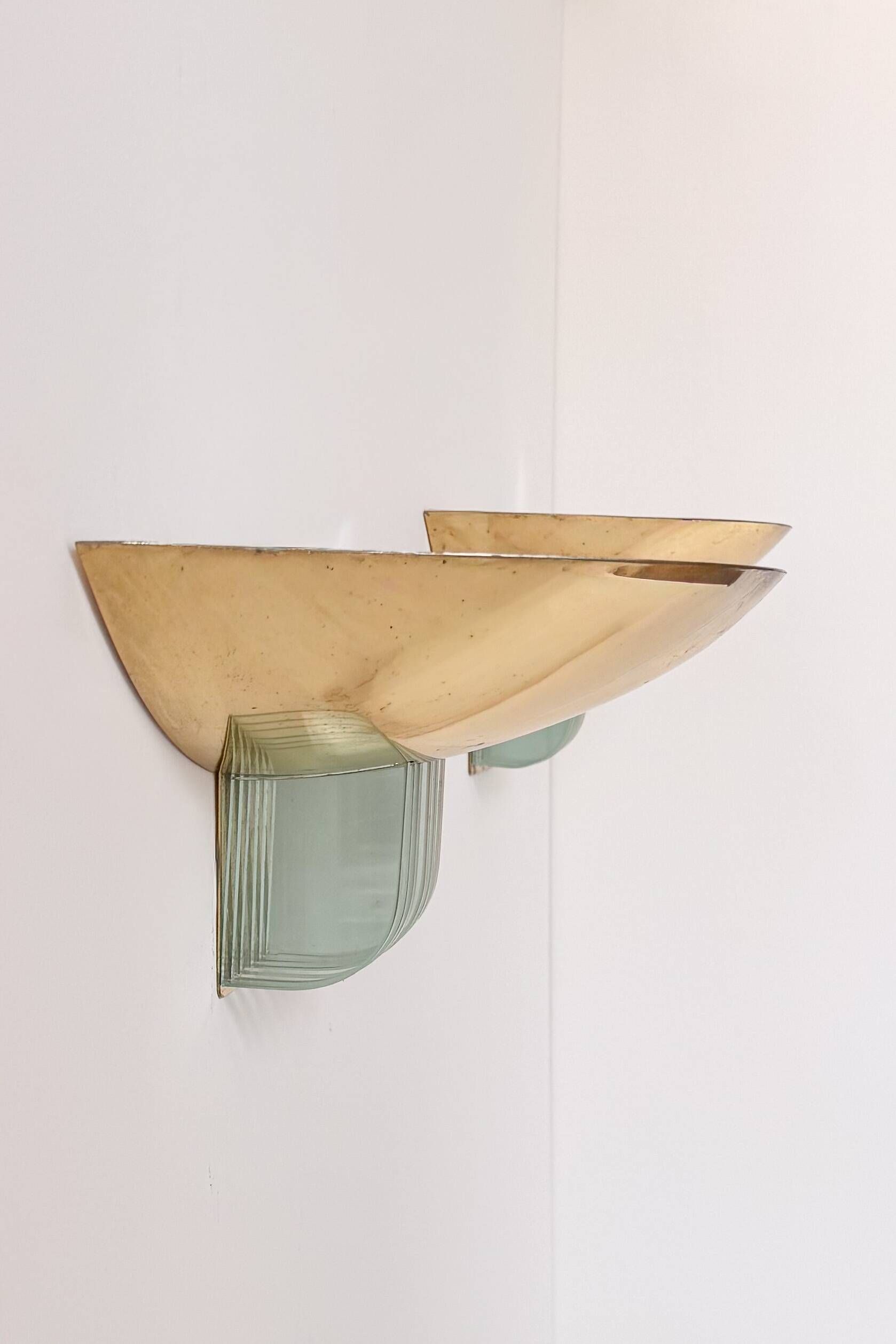 Pair of vintage brass and glass wall lights, France 1970.