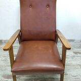 Vintage armchair in wood and imitation leather