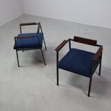 Pair of Postmodern armchairs in steel and mahogany, 1970s