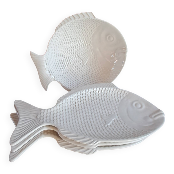Grand service à poisson vintage en céramique blanche – Lot de 4 pièces