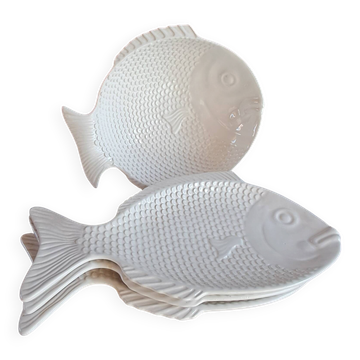 Grand service à poisson vintage en céramique blanche – Lot de 4 pièces