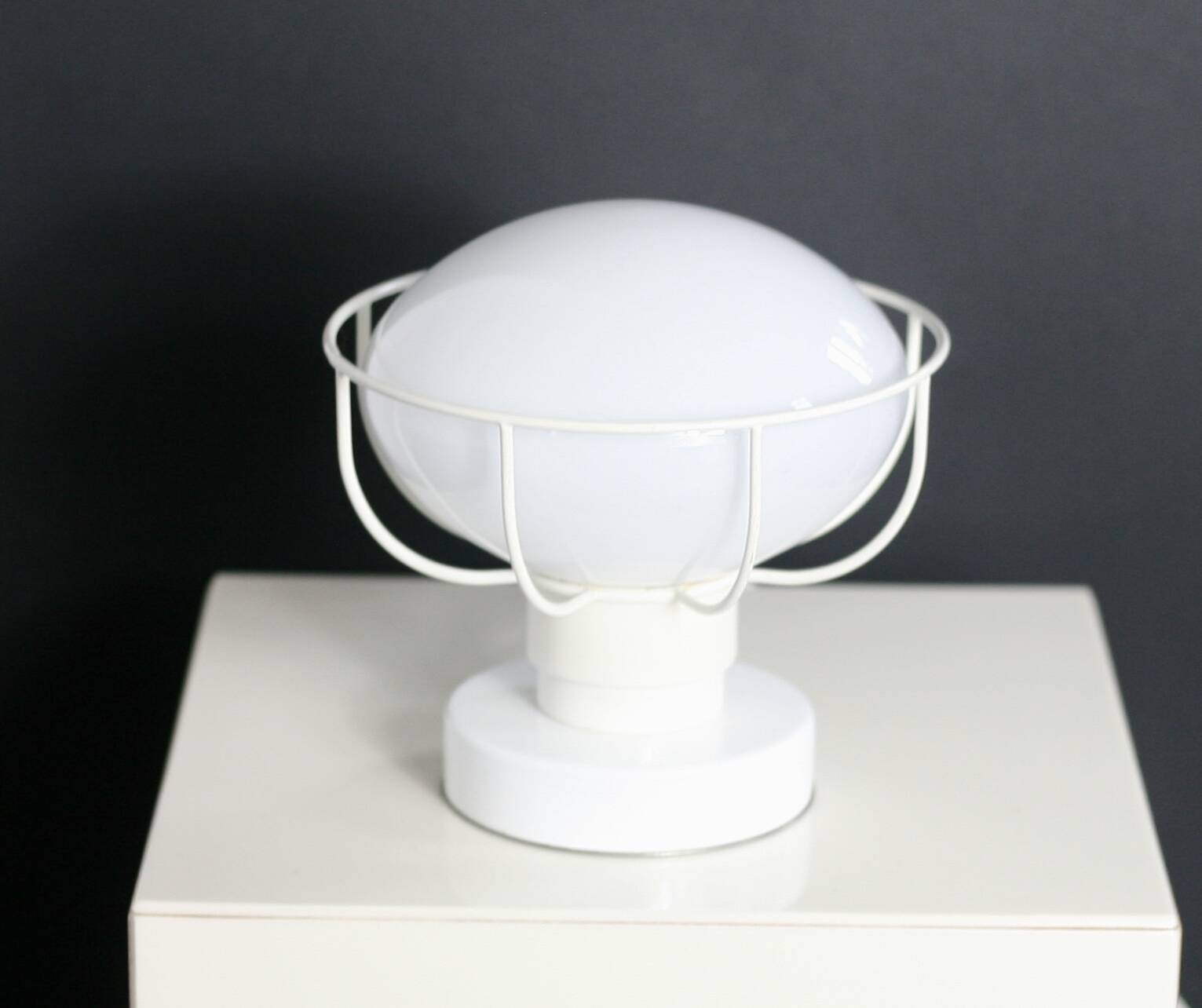 80s lamp, white lacquered metal and glass globe