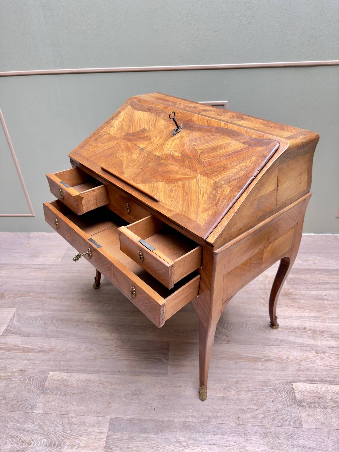 Carel Jacques-philippe Curved Sloping Desk In Louis XV Period Marquetry Stamped