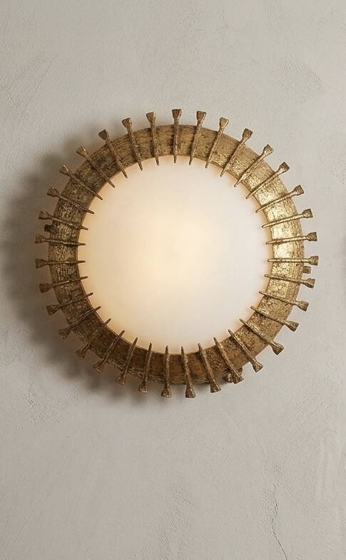 Pair of brutalist sun wall sconces in gold