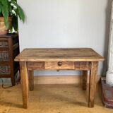 Old coffee table in solid oak and walnut from the 19th century, one belt drawer