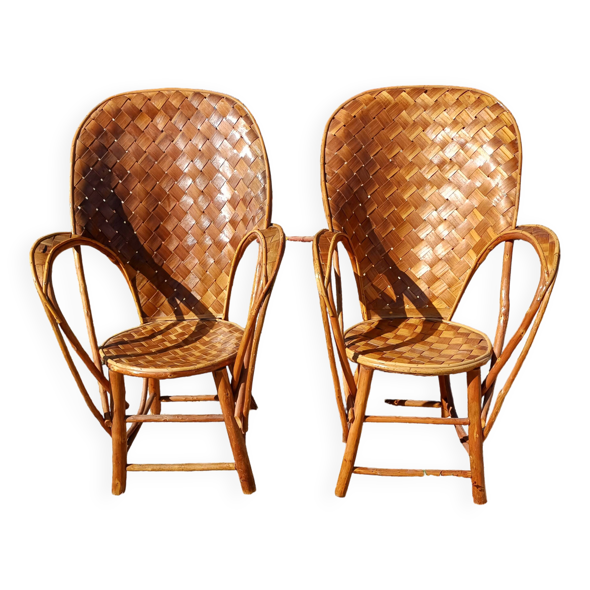 Pair of Vintage Armchairs in Chestnut Slats