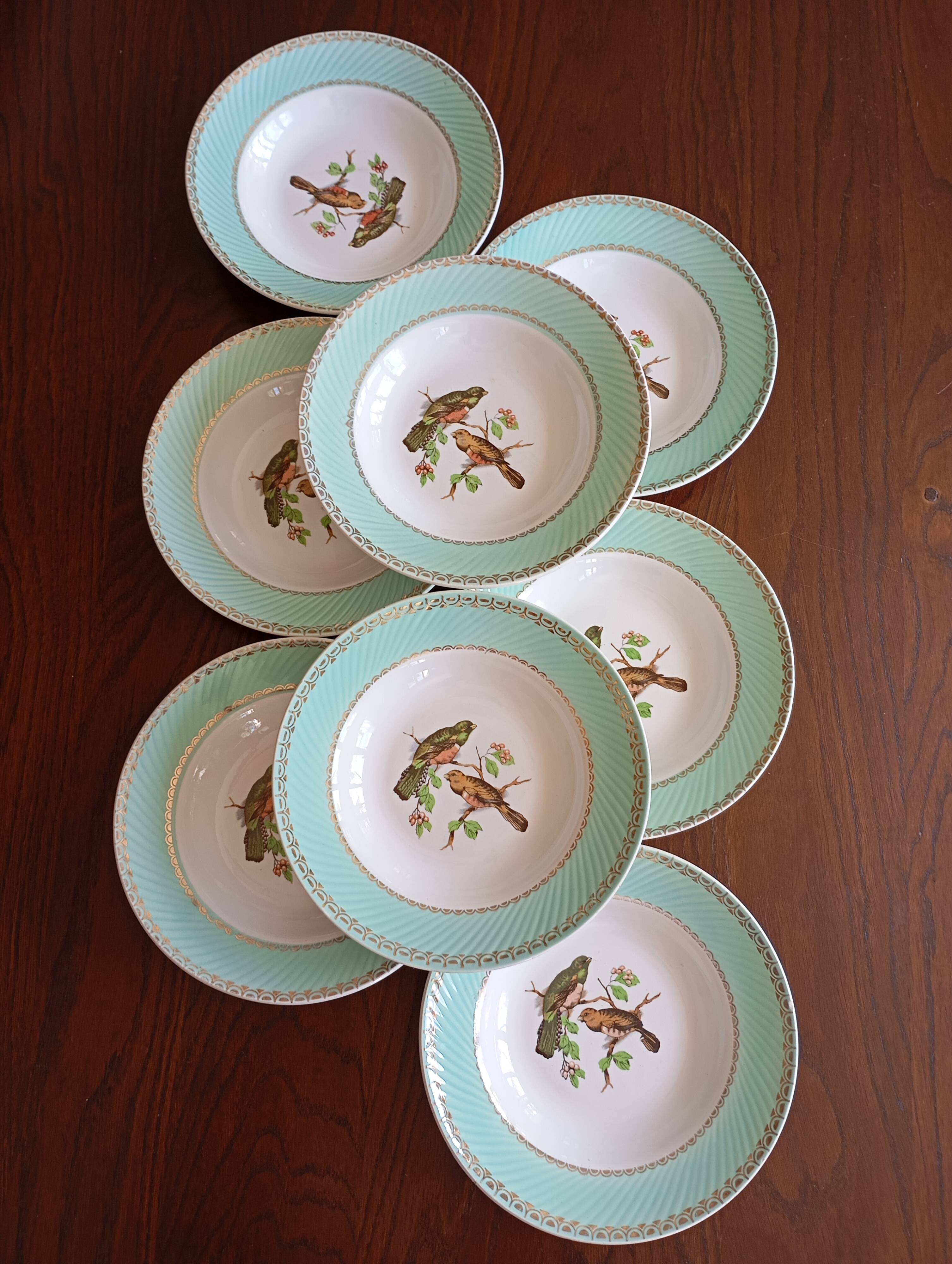 8 soup plates Fenal Badonviller "Birds" vintage 1950s