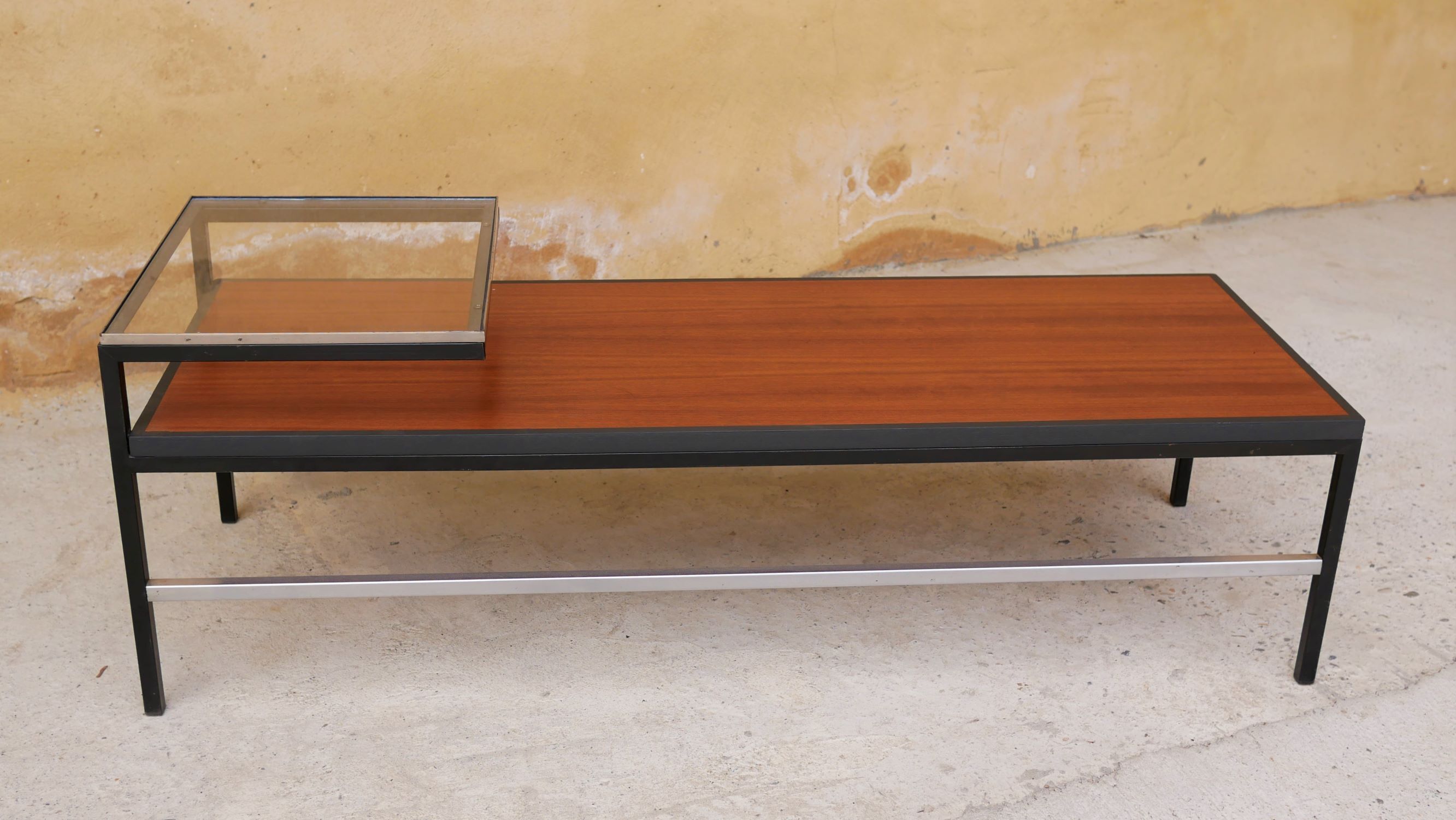 Modernist coffee table vintage wood, metal and glass