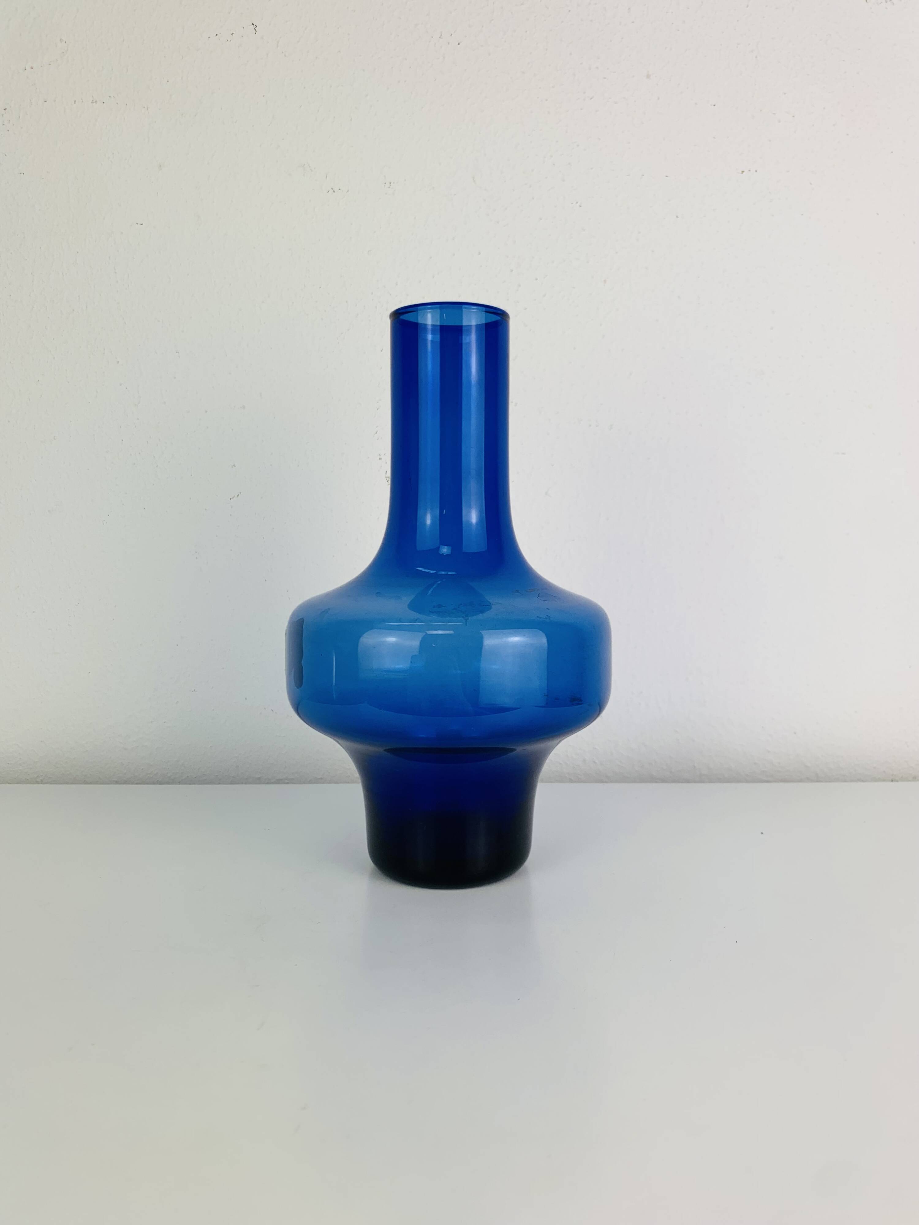 Blue glass vase in Scandinavian style from the 1960s, mouth-blown.