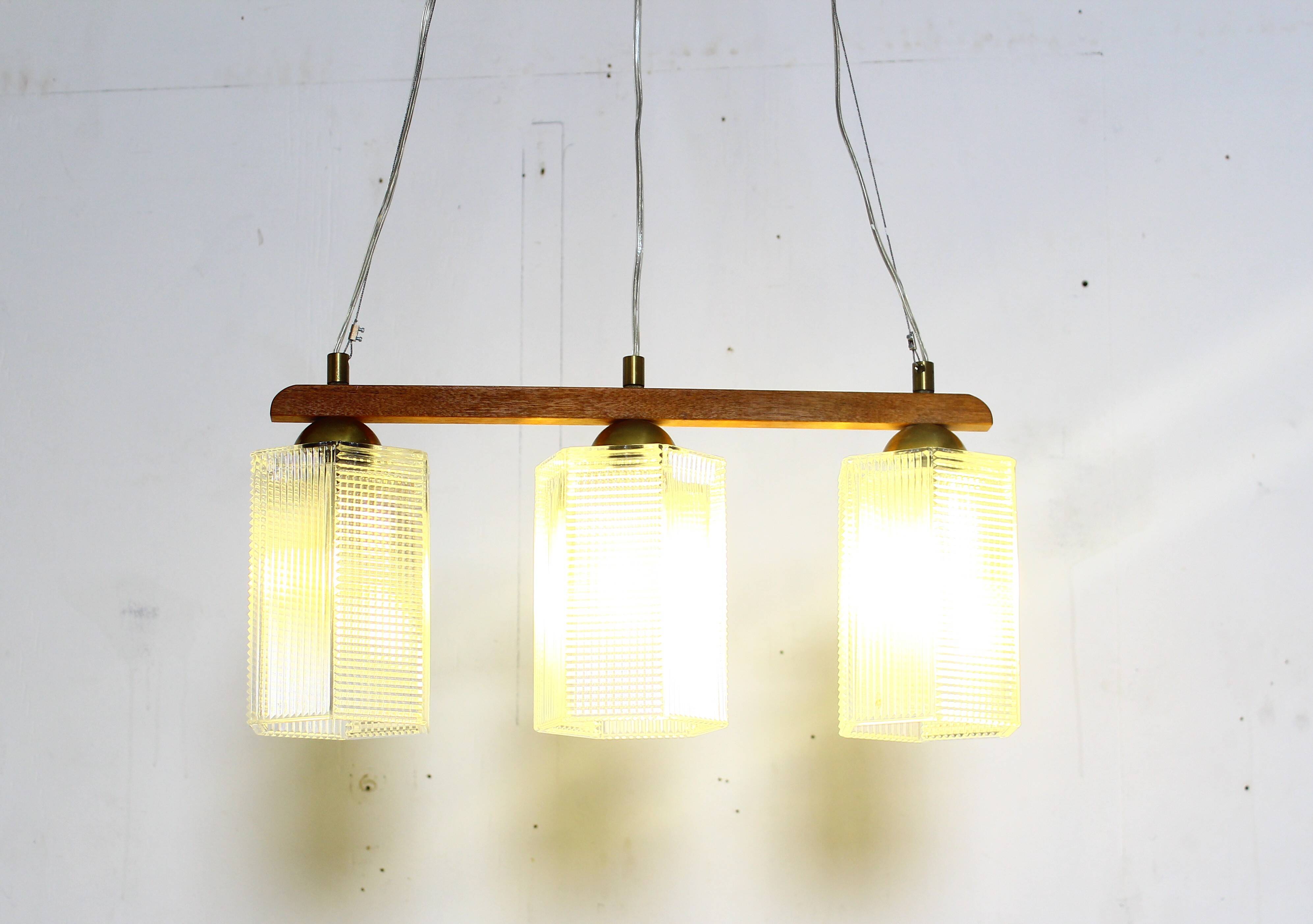 Teak, brass and glass pendant light, Denmark, 1970s