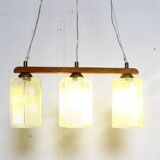 Teak, brass and glass pendant light, Denmark, 1970s