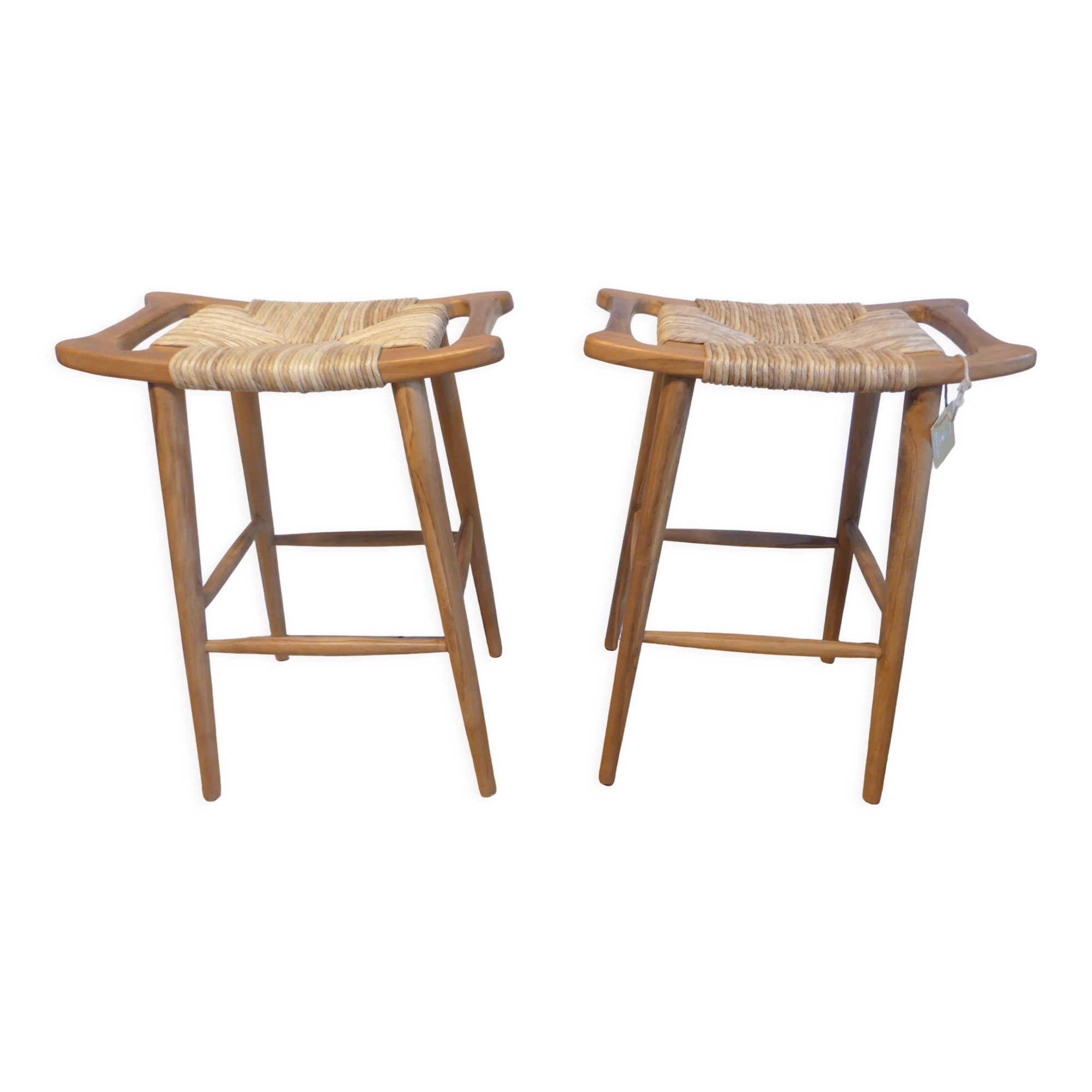 Tabouret de bar en teck et raphia