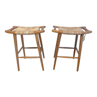 Teak and raffia bar stool