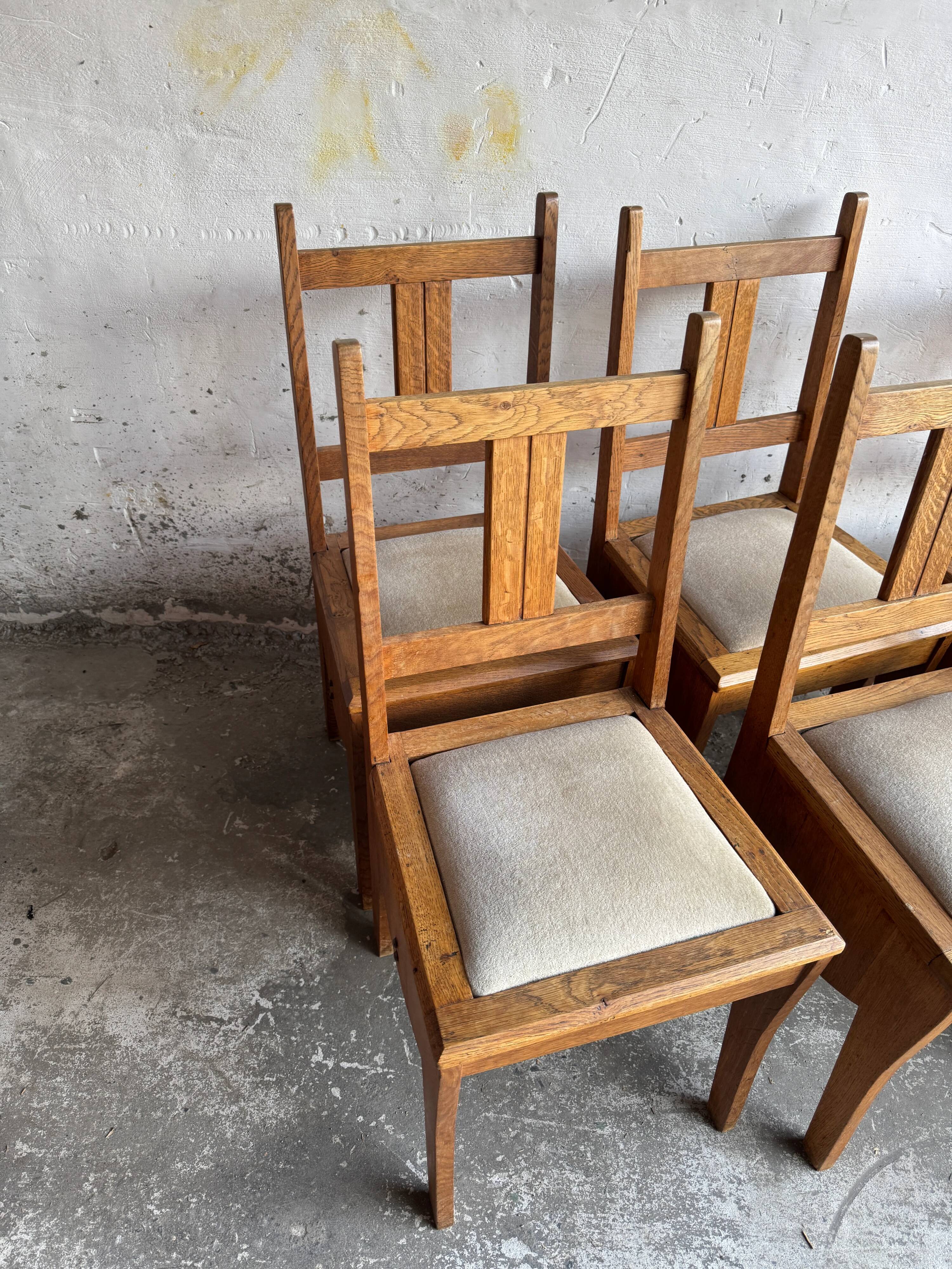 Set of 6 Amsterdamse School Art Deco Dining Chairs, Warm Oak Wood with Beige Upholstery