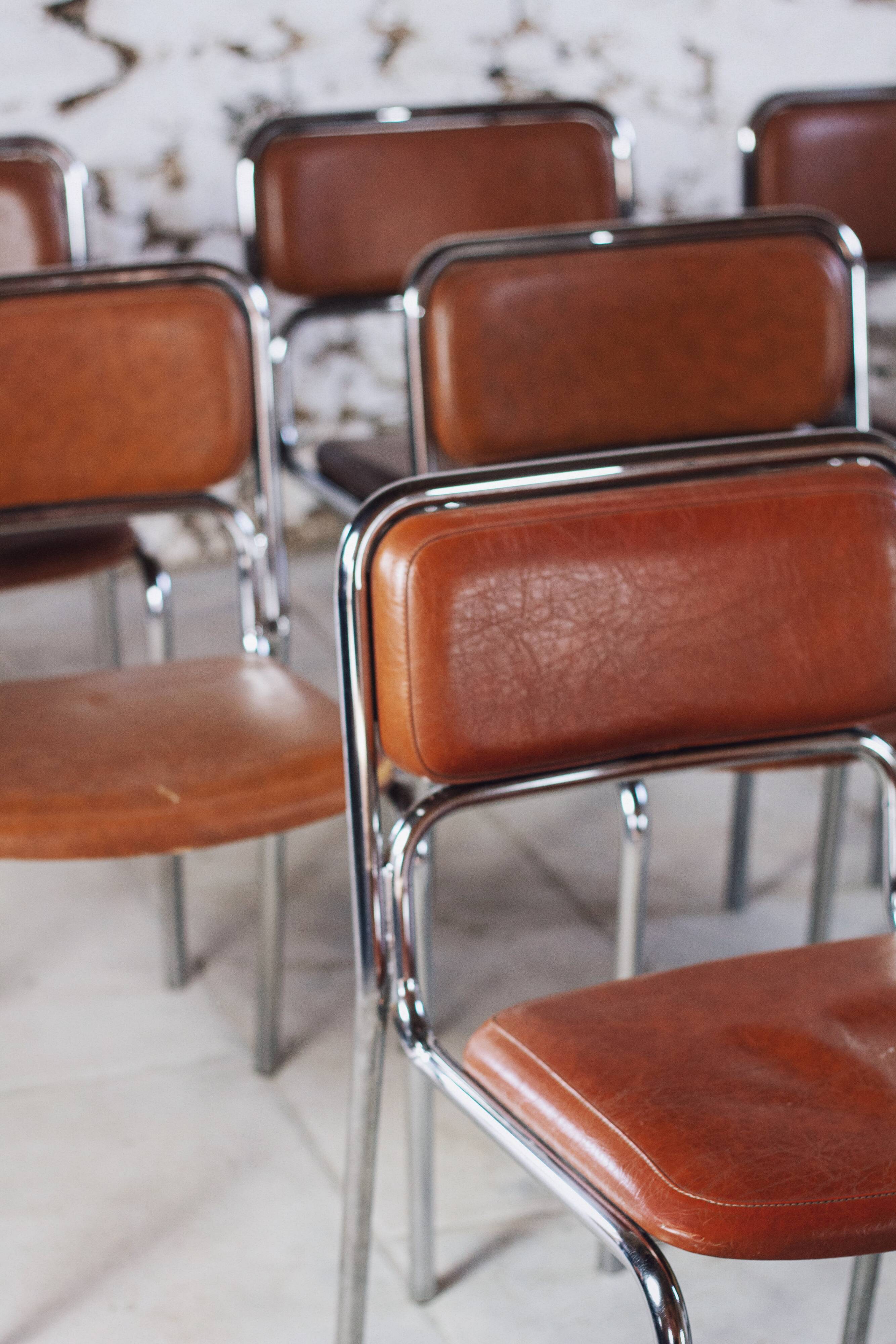 8 vintage tubular chrome and skai chairs, 1970