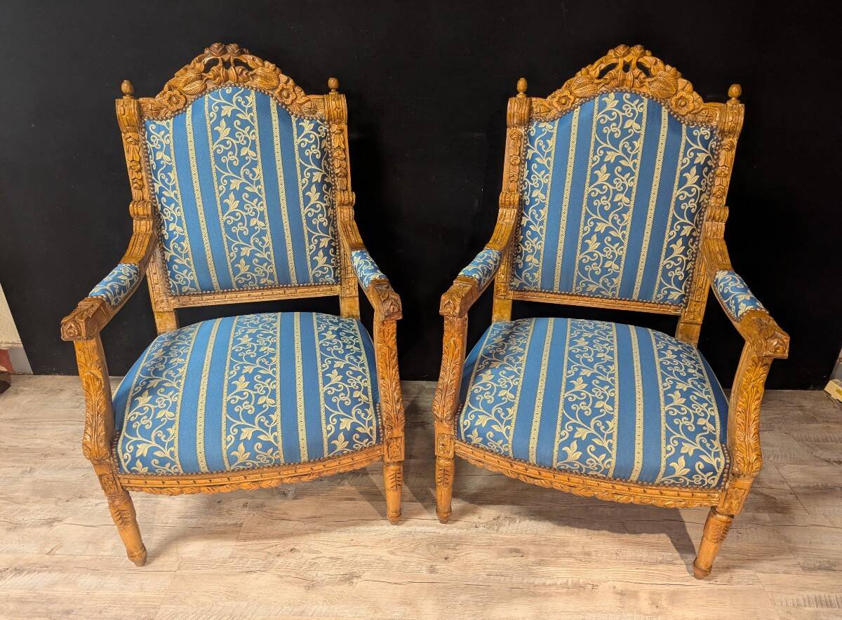 Pair of Louis XV Style Armchairs in Carved Wood and Blue Fabric