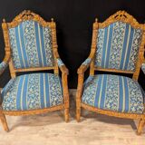 Paire De Fauteuils Style Louis XV En Bois Sculpté Et Tissu Bleu