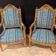 Pair of Louis XV Style Armchairs in Carved Wood and Blue Fabric