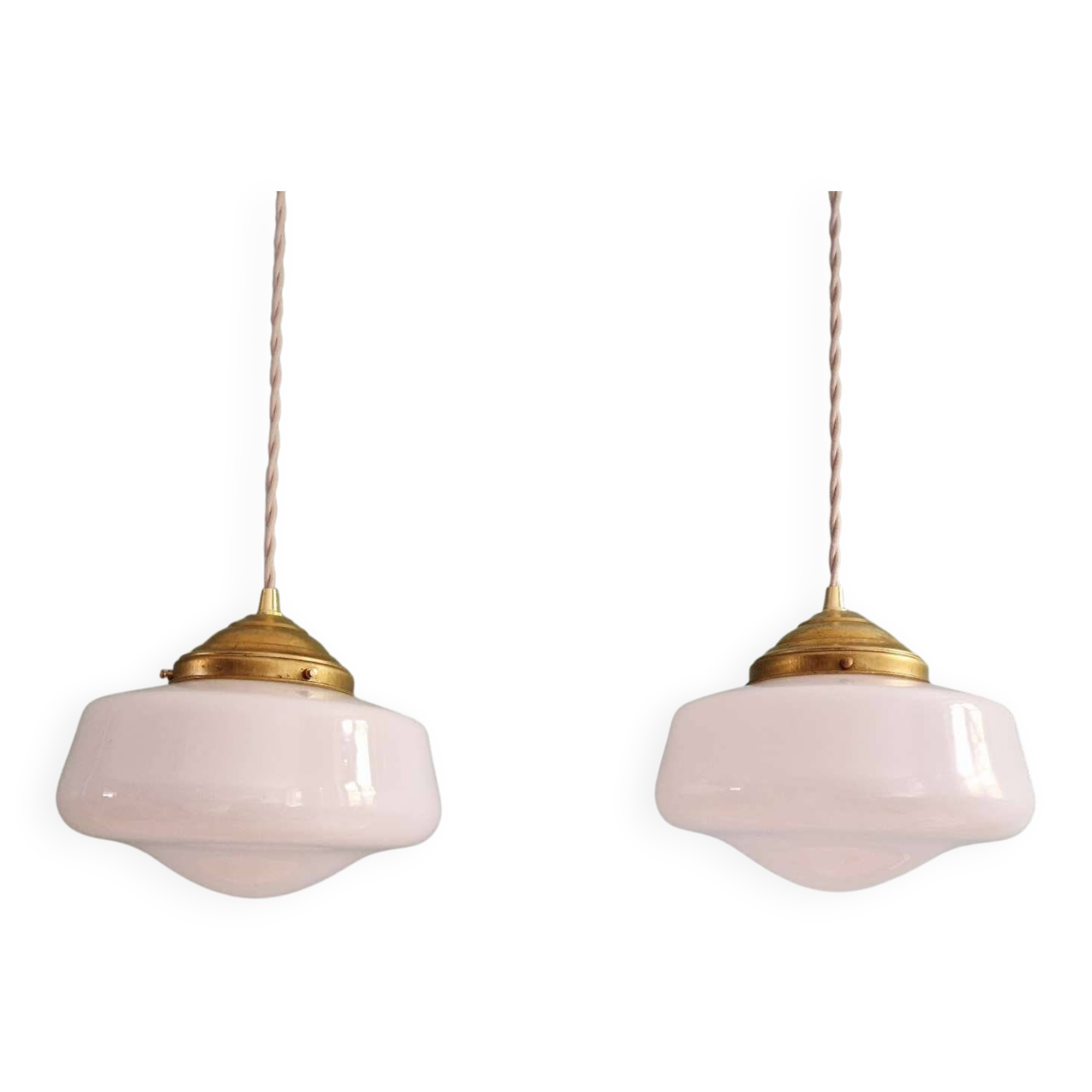Pair of Art Deco conical white opaline pendant lights, 1920-30
