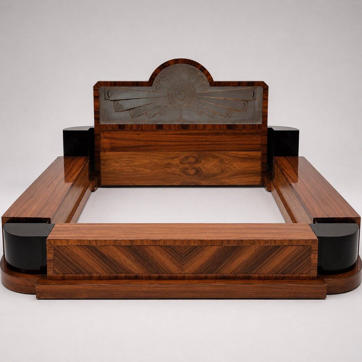 Double bed Art Deco – Rosewood, black lacquer and frosted glass – 1930s