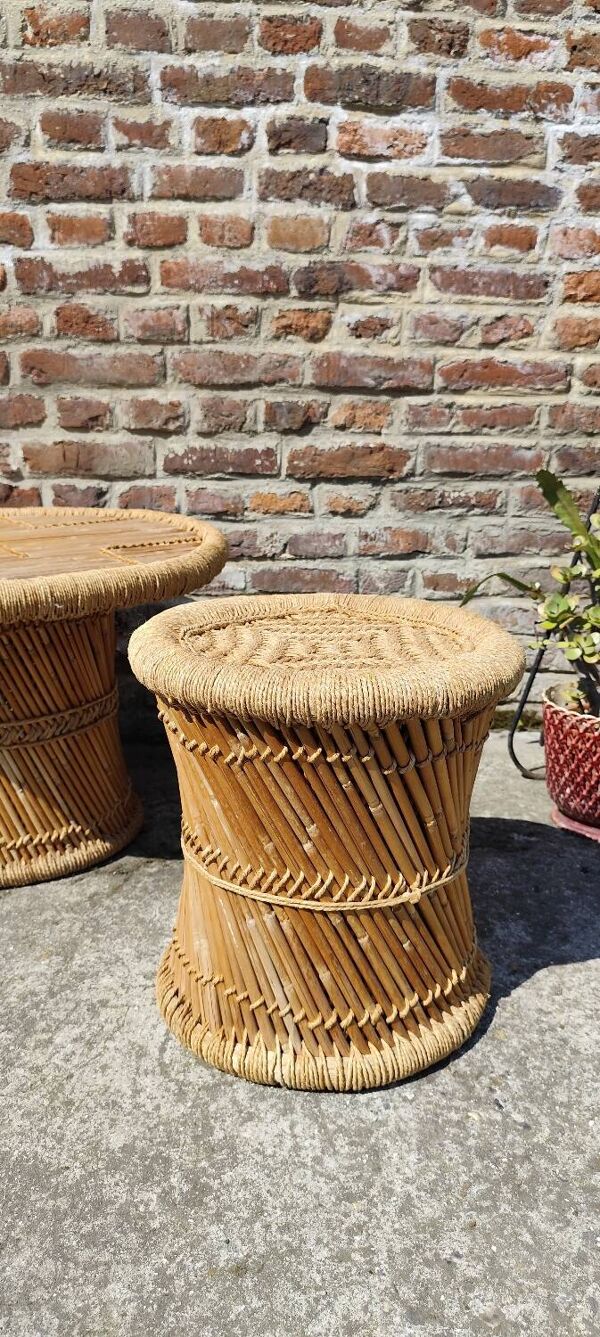 Table basse et tabouret en bambou et corde tressée