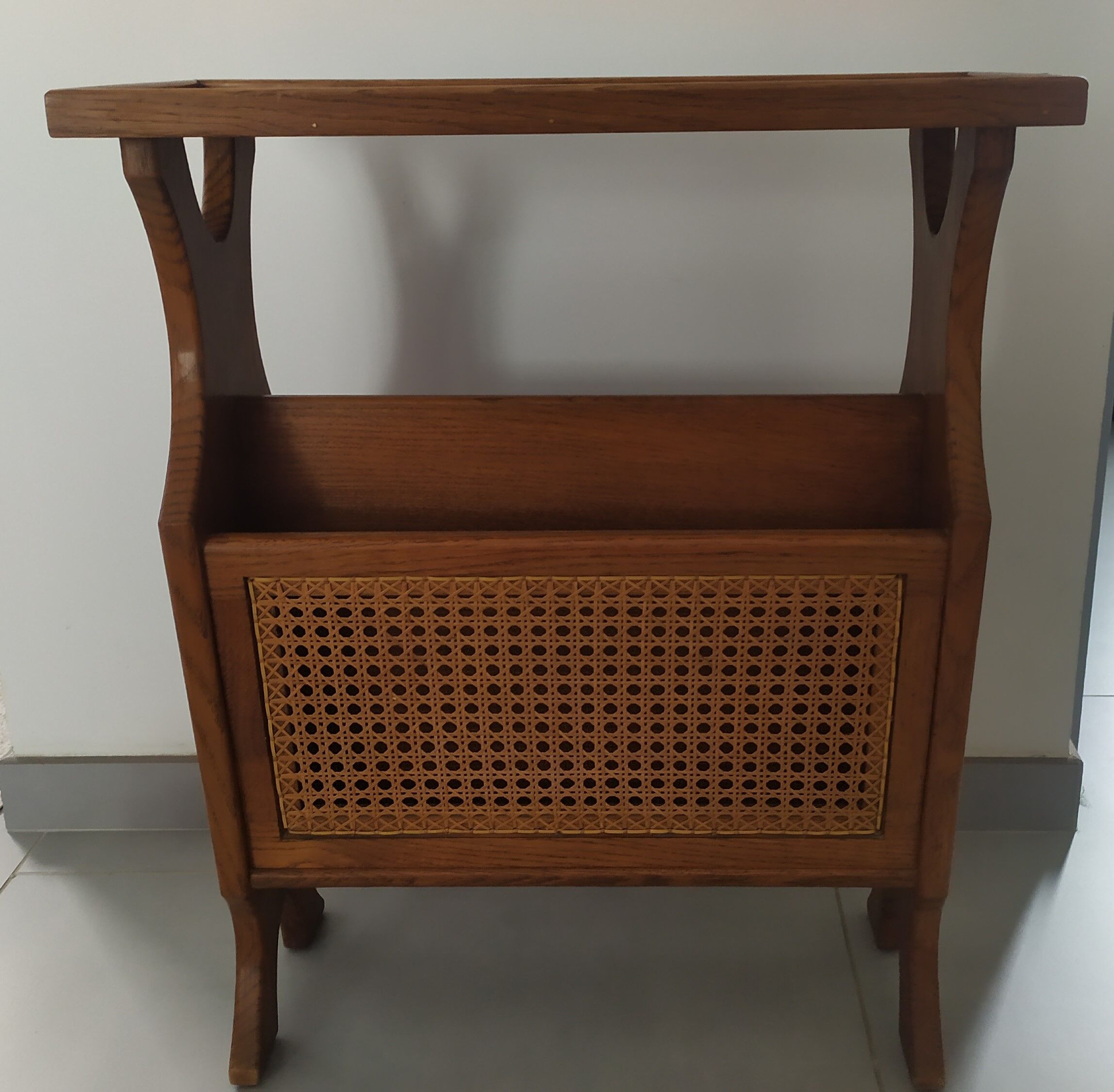 Side table, wooden magazine rack with caning.