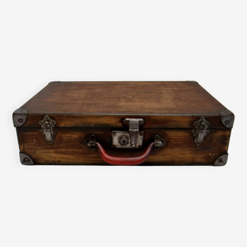 Valise en  bois mallette ancienne boite caisse coffret bagagerie patine rouge