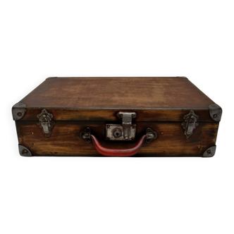 Valise en  bois mallette ancienne boite caisse coffret bagagerie patine rouge