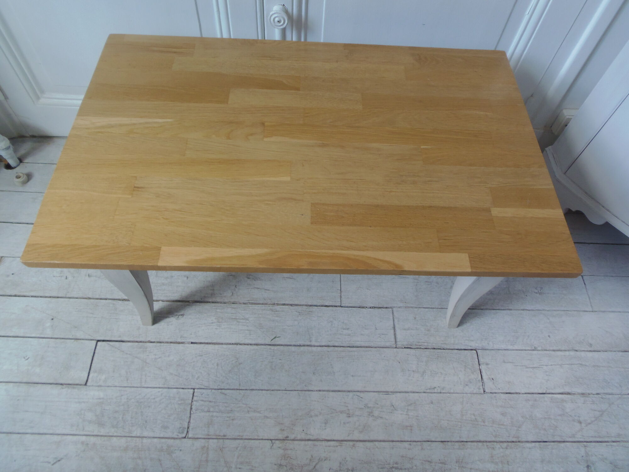 Vintage coffee table patinated pearl gray waxed finish, top against glued varnished oak