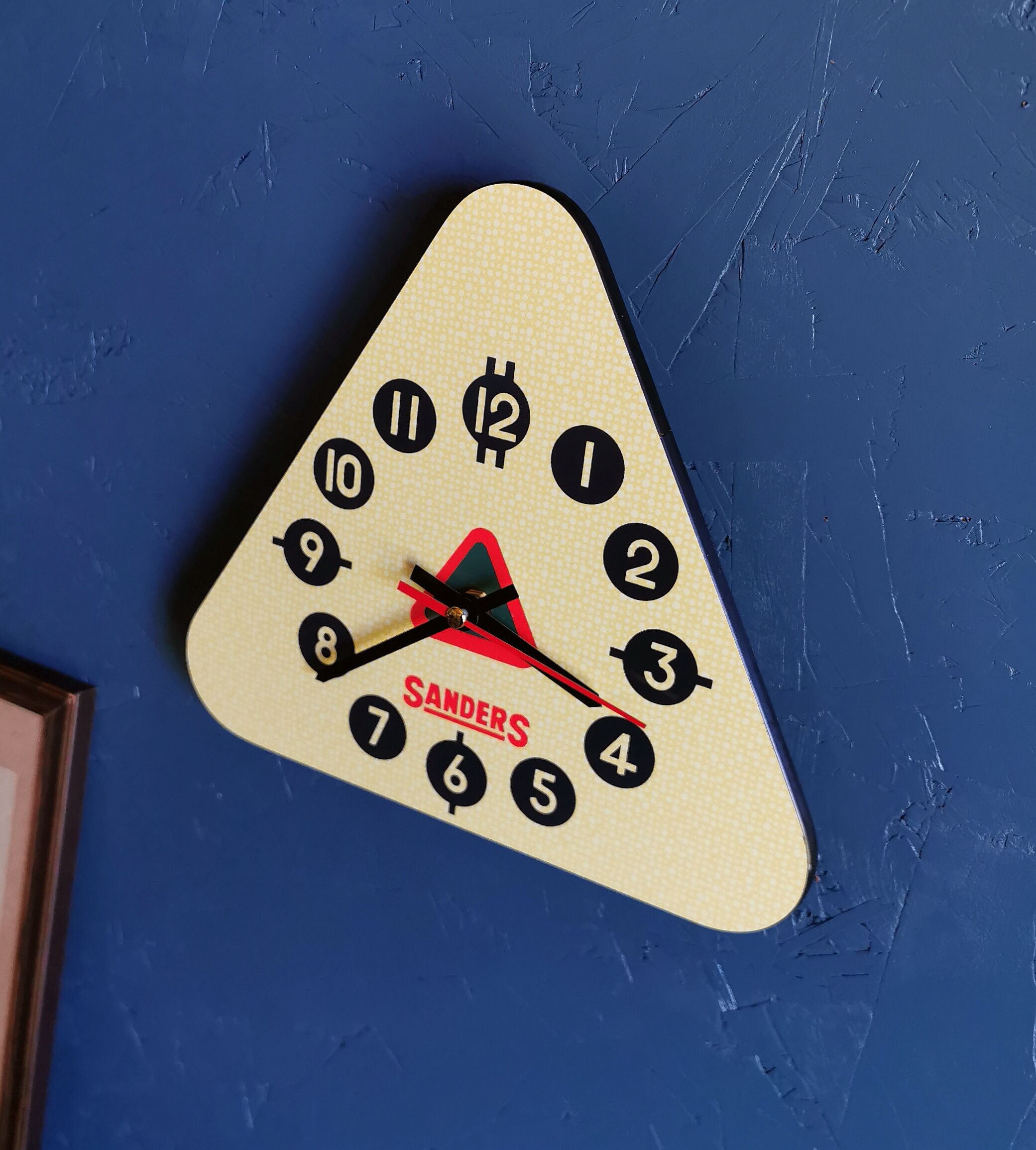 Vintage formica clock triangular silent wall clock "Sanders yellow"