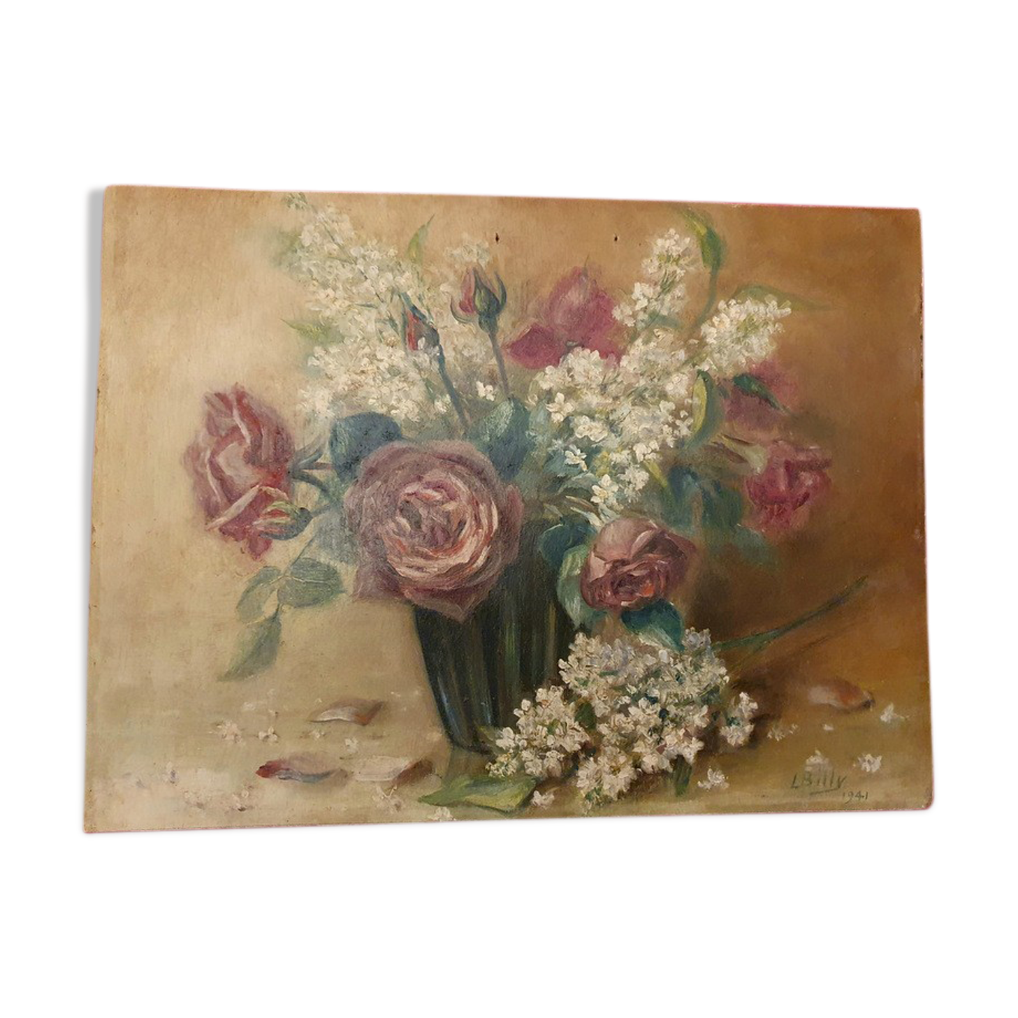 Ancient Painting Bouquet Signed L. BILLY 1941