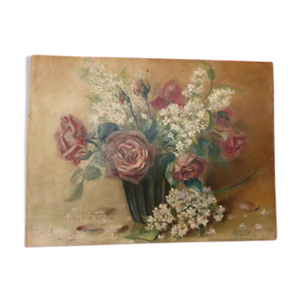 Ancient Painting Bouquet Signed L. BILLY 1941