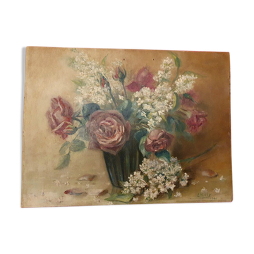 Ancient Painting Bouquet Signed L. BILLY 1941