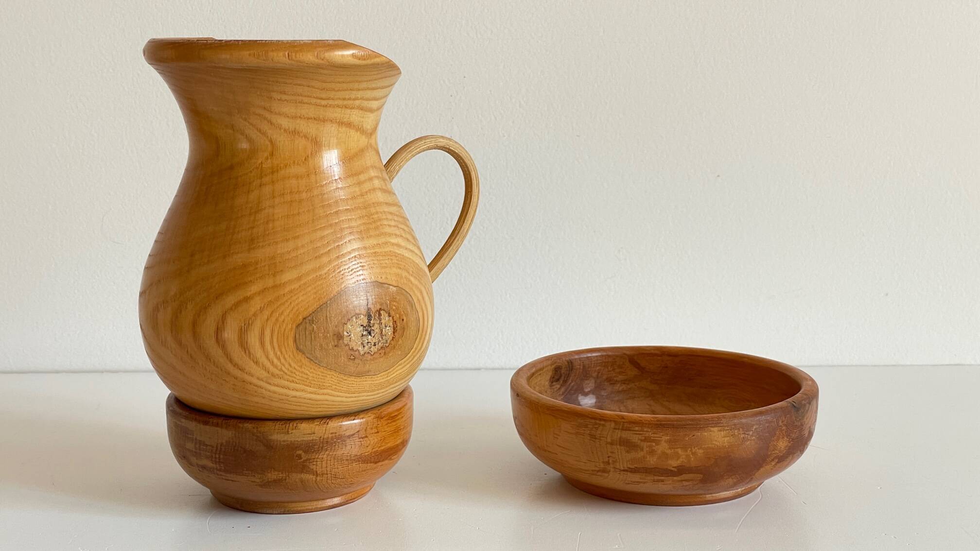 Vintage turned wood pitcher and 2 jars set