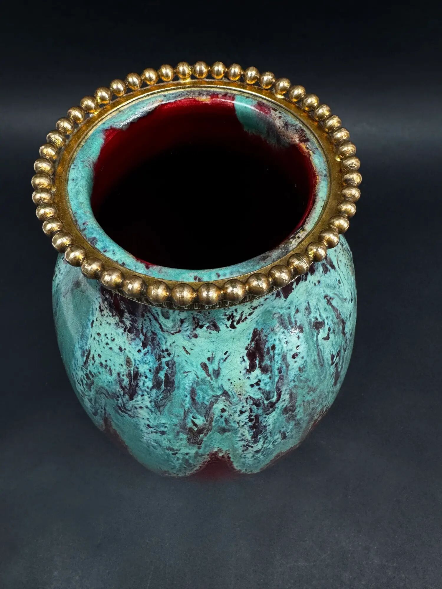Vase CAB (Ceramics of Art from Bordeaux), turquoise green and red glaze.