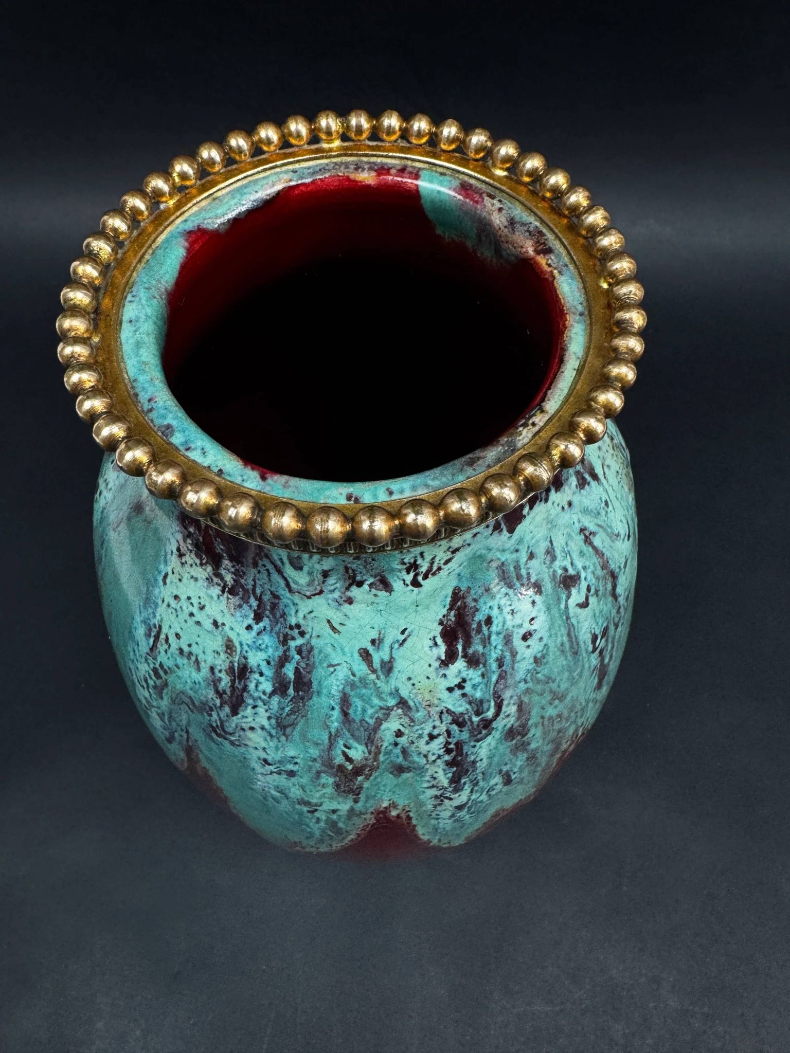Vase CAB (Ceramics of Art from Bordeaux), turquoise green and red glaze.