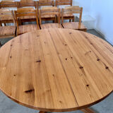 Table set and 8 chairs in solid Scandinavian pine ASKO vintage 80s